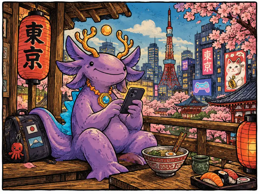 Purple axolotl character playing on a smartphone in Tokyo, surrounded by cherry blossoms and Japanese landmarks.